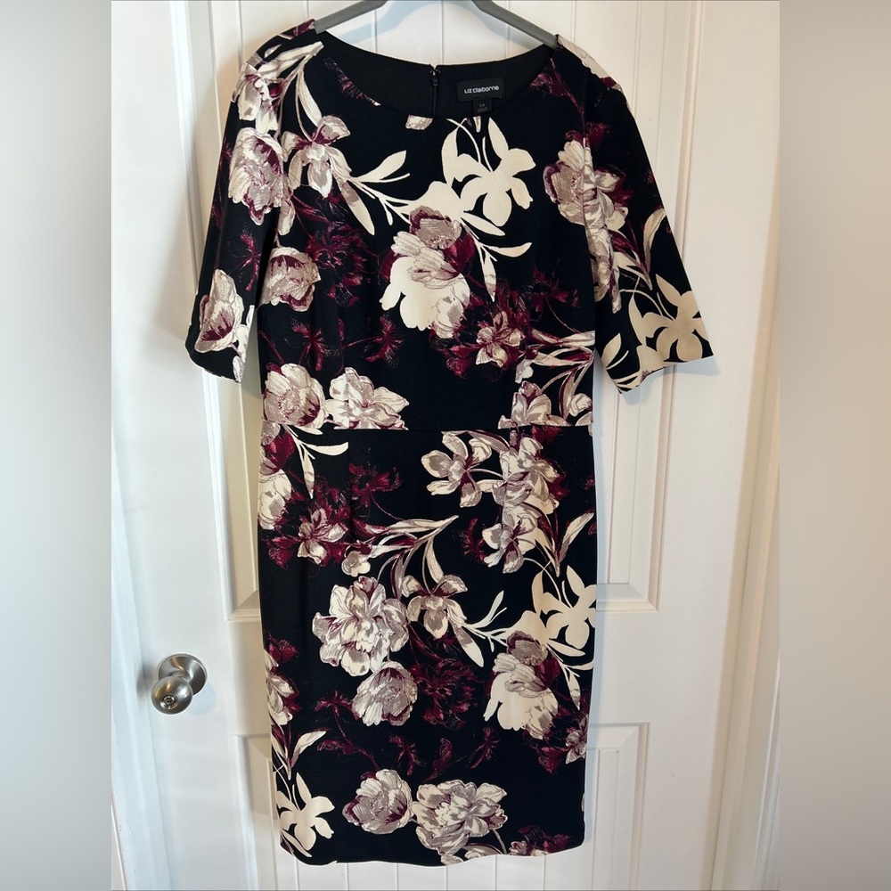 Liz Claiborne 14 Pencil Dress Black Floral 3/4 Length Sleeve Tailored Workwear